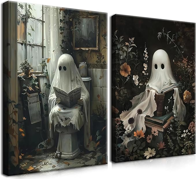 Framed Halloween Cute Ghost Canvas Wall Art Set of 2 - Gothic Bathroom Decor, Ghost Reading Book and Newspaper Wall Decor, Dark College Halloween Aesthetic for Living Room Bedroom 12x16 inch