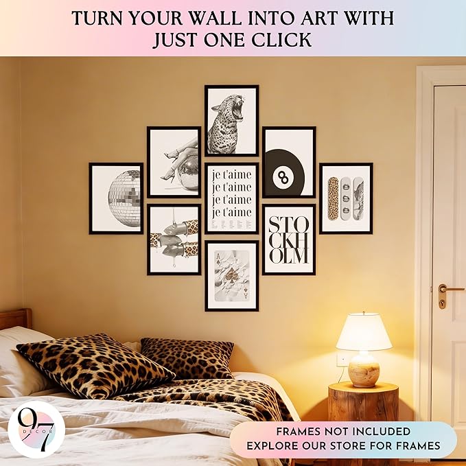 97 Decor 9 Pcs Trendy Leopard Wall Art - Cheetah Pictures Wall Decor For Bedroom, Stockholm Posters For Room Aesthetic, Funky Art Prints For College Girls Dorm Decorations (8x10 Unframed)