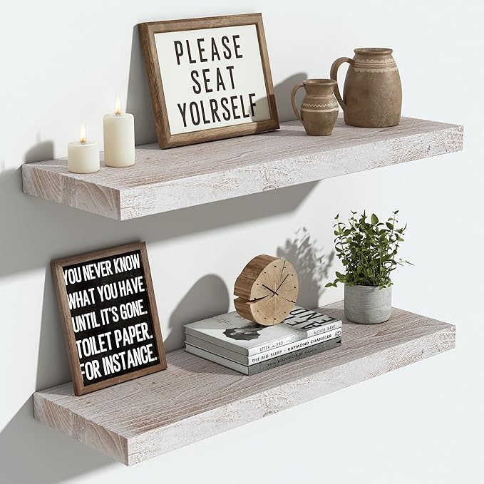 Vivelove Elm Floating Shelves for Wall Solid Wood, 24 Inches Long Rustic Wall Shelf with Invisible Bracket for Living Room Bedroom Bathroom Office, Farmhouse Display Shelf, Set of 2 - Weathered White