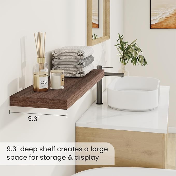 Fun Memories 9.3Inch Deep Floating Shelves for Wall, 30 Inch Rustic Wood Wall Mounted Shelves for Bathroom, Bedroom, Kitchen, Deep Floating Shelf for Storage & Home Decor (Walnut, Set of 2)