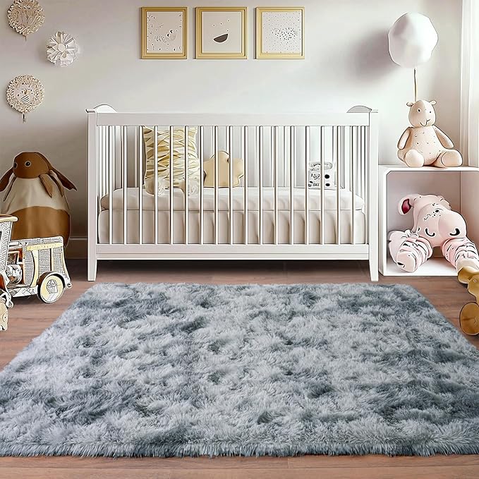 Ultra Soft Rugs for Living Room Bedroom, 5x7 Area Rugs for Living Room, Modern Shaggy Carpets Fuzzy Rug for Boys Girls Dorm Nursery Home Decor Aesthetic, Upgrade Non-Slip Durable, Tie-Dye Silver Grey