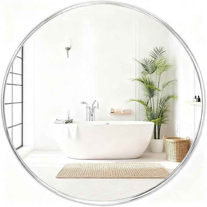 Fabuday Silver Circle Mirror for Wall 22 inch - Round Mirror for Bathroom, Entryway, Living Room, Hallway, Bedroom Decor, Small Chrome Frame Mirrors