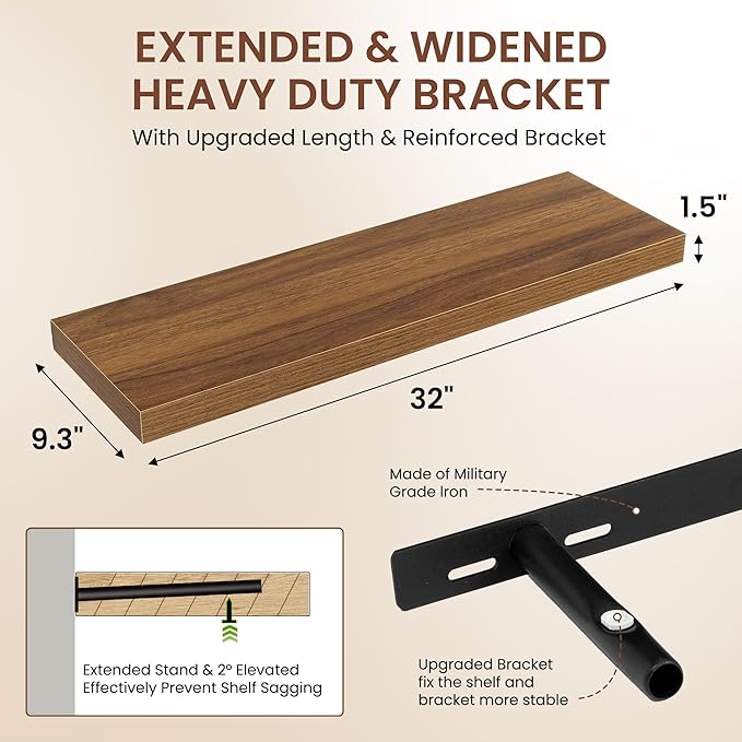 Dreamland 32 Inches Floating Shelves for Wall, 9.3" Deep Long Floating Shelves Set of 2, Large Display & Storage Shelf, Wall Shelf for Bathroom Bedroom Living Room Kitchen Office, Walnut