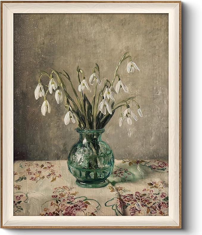VIYYIEA Framed Wall Art for Living Room, Snowdrop Flowers in Green Glass Vase Canvas Prints, Vintage Floral Still Life Home Decor, Bedroom Wall Decor, Kitchen Aesthetic Art, 16x20 Inch