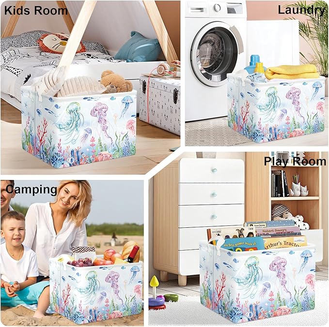 Ocean Animals Baby Laundry Hamper Collapsible Clothes Kids Storage Basket Large Boys Girls Gift Toy Box Bin for Nursery Room, Colorful Jellyfish, 36L