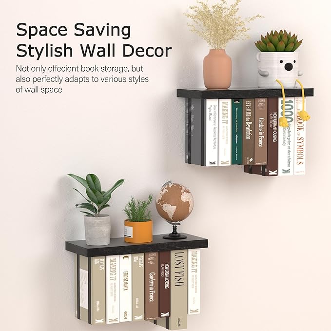 Tohiasen Floating Book Shelves for Wall Mounted Set of 2, Wood Hanging Bookshelf, Book Display Shelf for Wall, Unique Space Saving Book Shelf Wall Book Holder (Black)