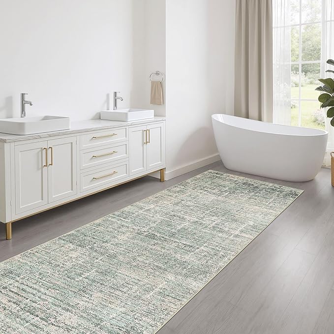 Runner Rug Non-Slip Kitchen Rug: 2x6 Washable Abstract Modern Soft Stain Resistant Indoor Floor Neutral Accent Throw Carpet for Hallway Bathroom Laundry Room Bedroom Entryway- Green