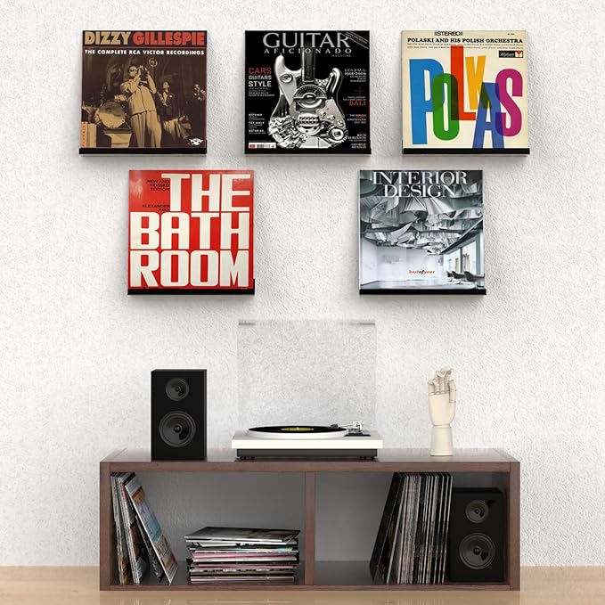 ILYXY Acrylic Vinyl Record Holder Wall Mount – 8 Pack 12-Inch Floating Vinyl Shelves, Black Record Display Frames for LP Albums & Wall Decor