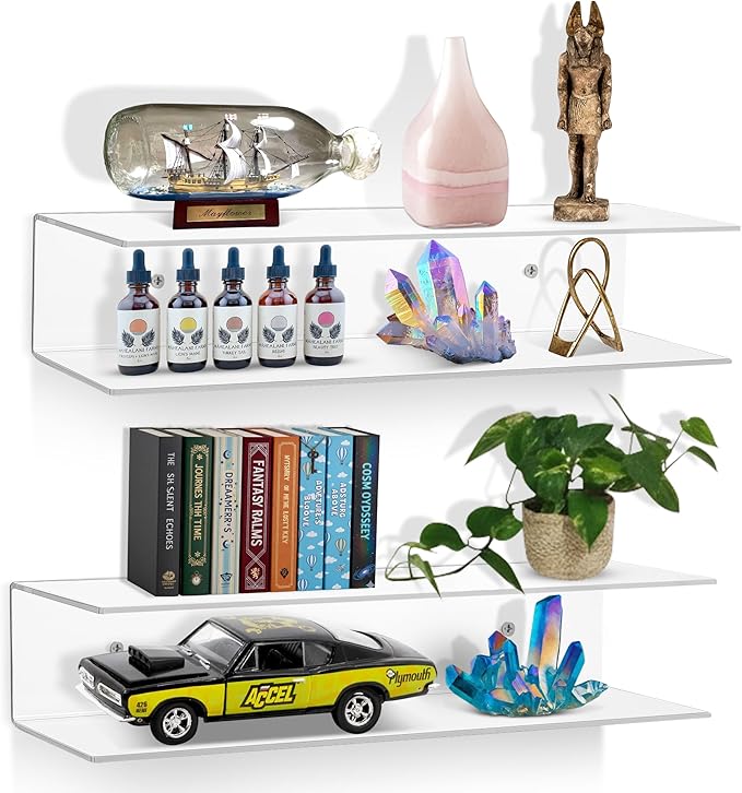 Clear Acrylic Floating Shelves - 2 Tier Wall Mounted Bathroom Organizer Set of 2 (18") - Space Saving Display Shelf for Makeup, Skincare, Kitchen Spices, & Home Decor