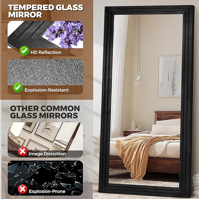 Full Length Wood Mirror 76x34 - Rustic Solid Wood Floor Mirror with Triple Layer Frame, HD Tempered Glass, Wall Mounted or Leaning Standing Mirror Vintage Black Mirror for Bedroom Bathroom Living Room