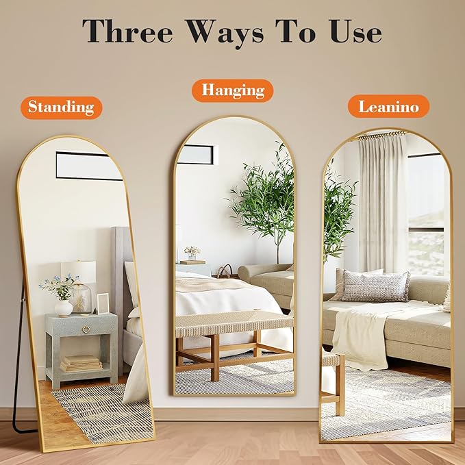 DUMOS 64"x21" Arched Full Length Mirror with Stand Floor Free Standing Aluminum Frame for Bedroom Body Hanging Leaning Modern Simple Home Decor Shatter-proorf Nano Glass Wall, Gold-Rounded