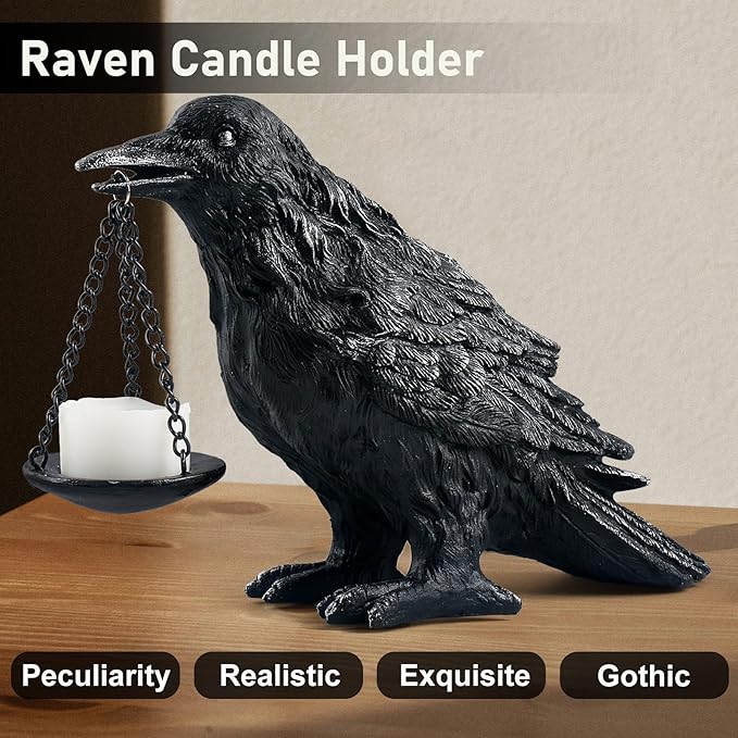 Gothic Crow Lamp with Tealight Candle Holder Resin Raven Decor Statue Gothic Home Decor for Bedroom Unique Goth Gifts Wearing Silver