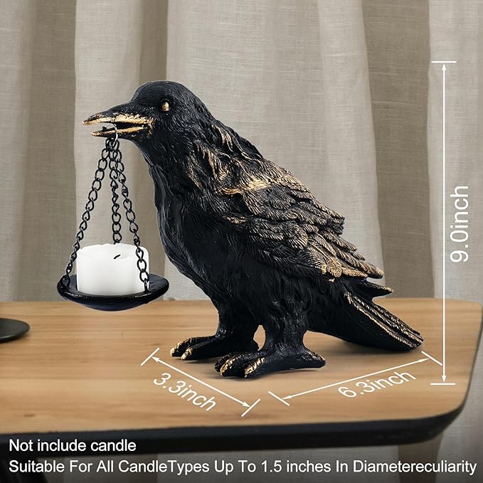Gothic Crow Lamp with Tealight Candle Holder Resin Raven Decor Statue Gothic Home Decor for Bedroom Unique Goth Gifts Wearing Gold