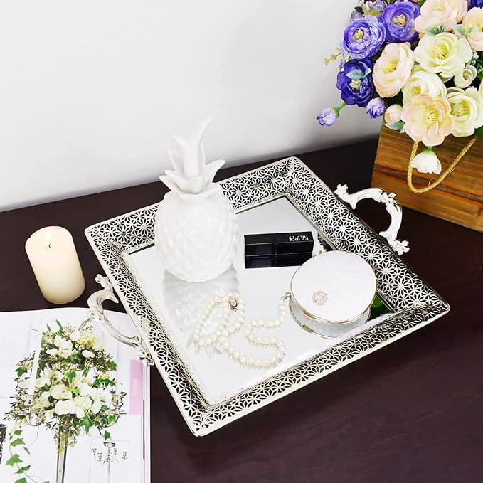 Decorative Glass Mirrored Tray Home Decor Vanity Tray for Dresser Make Up Jewelry Organizer Gold Perfume Tray Rectangle