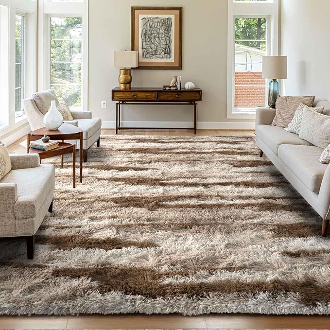FinRèc Area Rugs for Bedroom Living Room, 5x7 Feet Fluffy Shaggy Rug, Non-Slip Soft Shag Rug for Nursery Kids Room Dorm Room Home Decor, Indoor Plush Floor Carpet Tie dye Light Brown
