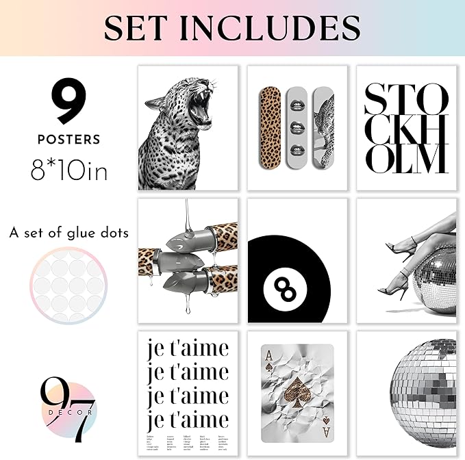 97 Decor 9 Pcs Trendy Leopard Wall Art - Cheetah Pictures Wall Decor For Bedroom, Stockholm Posters For Room Aesthetic, Funky Art Prints For College Girls Dorm Decorations (8x10 Unframed)