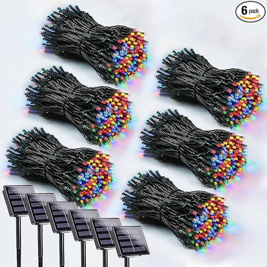 6 Pack 600 LED Solar String Lights for Outside, Solar Christmas Lights with 8 Lighting Modes, Waterproof Green Wire Solar String Lights Outdoor for Tree Xmas Party Garden Yard Decorations (MultiColor)