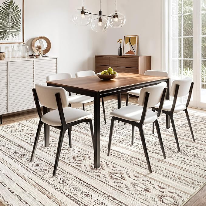 cotiled 10x12 Area Rug Living Room: Washable Boho Rugs with Non Slip Backing Large Soft Indoor Stain Resistant Carpet for Bedroom Farmhouse Dining Room Lightweight Home Decor Cream Brown