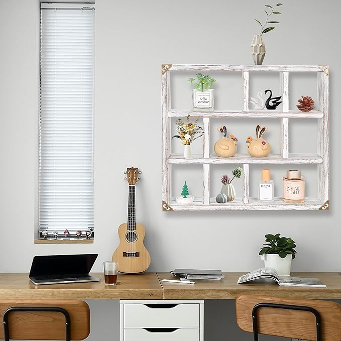 17.7x15.7-Inch Shadow Box Shelf 9-Slot Rustic Wood Floating Shelves Larger Shelf Lightweight Solid Wood Display(Set of 2,9C-Rustic White)