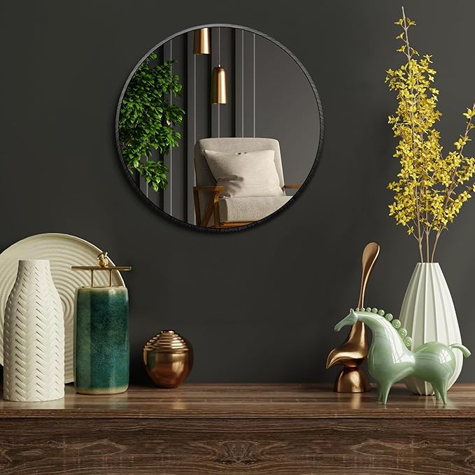 Itrue 12 Inch Small Round Decorative Wall Mirror, HD Silver-Coated Glass with Brushed Black Metal Frame, Minimalist Modern Accent Mirror for Vanity, Narrow Walls, Bathroom, Bedroom & Entryway