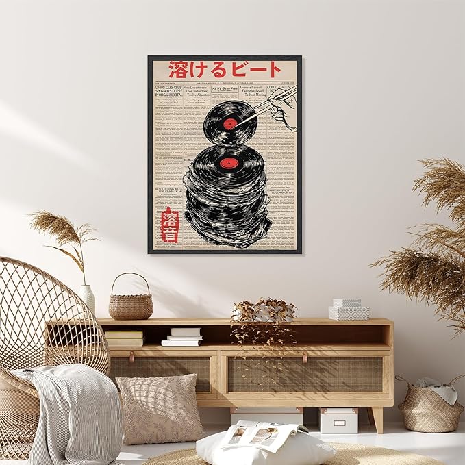 RINMFEO Japanese Retro Music Canvas Art Vintage Melting Vinyl Record Newspaper Print Abstract Beat Poster Funny Aesthetic Wall Decor For Home Bedroom Dorm 16x24inch Black frame