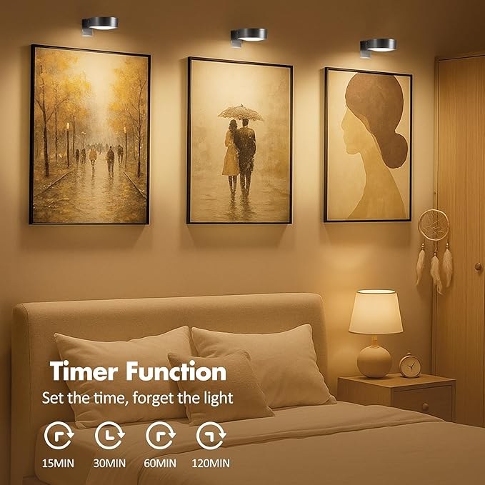 3Pcs Picture Lights for Wall Battery Operated, Magnetic Led Painting Light with Remote Dimmable and Timer, 3 Lighting Modes Art Display Light for Picture Frame, Wireless Wall Decor Puck Lights, Black