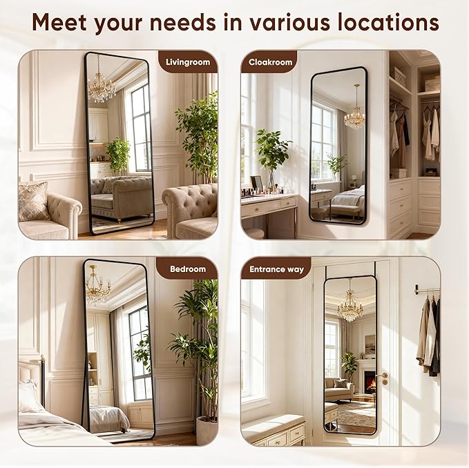 Antok 48''x 14'' Full Length Mirror Over Door, 4-in-1 Standing Leaning Wall Mounted, Adjustable Hanging Mirror for Bedroom Living Room, Black, Rounded Corner