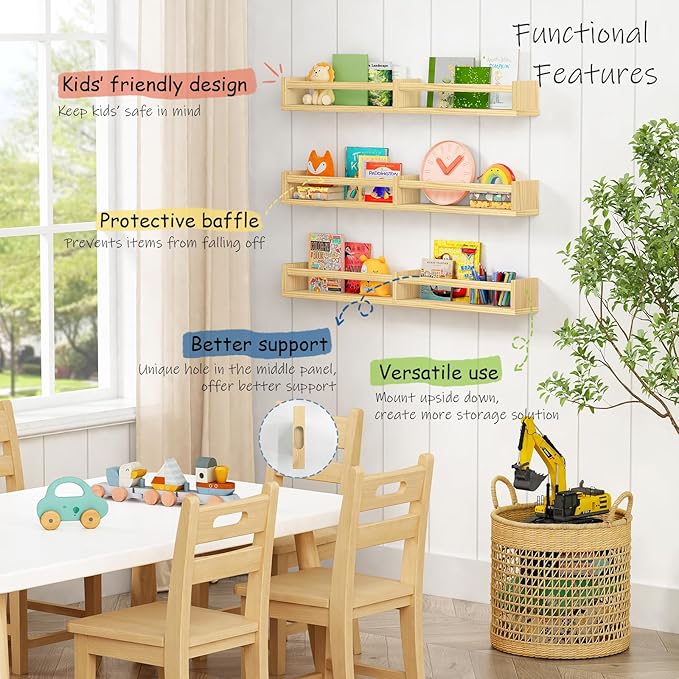 Harwaya Floating Nursery Book Shelves for Wall, 32 Inch Long Bookshelf for Kids Room, Wooden Large Wall Shelf with Hanging Rod for Baby Toddler Child Bedroom (3-Pack, Natural Wood)