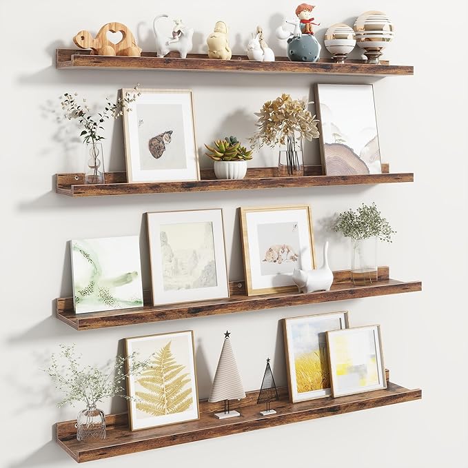 Fun Memories Picture Ledge Shelf, Floating Shelves Set of 4, 36 Inch Picture Shelves for Wall with Ledge, Large Nursery Book Shelf for Toys Storage, Living Room, Bedroom Decor Frames, Rustic Brown
