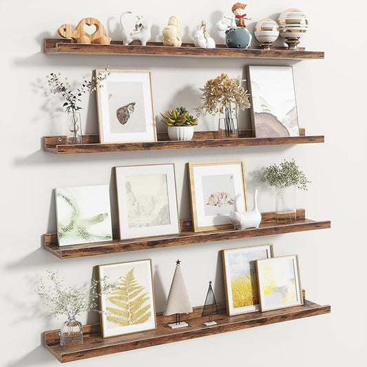 Fun Memories Picture Ledge Shelf, Floating Shelves Set of 4, 36 Inch Picture Shelves for Wall with Ledge, Large Nursery Book Shelf for Toys Storage, Living Room, Bedroom Decor Frames, Rustic Brown