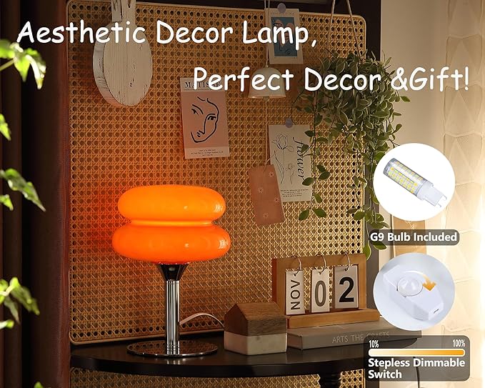 Glivpny Mushroom Lamp Table Lamp for Night Stands,Mid Century Modern Desk Lamps for Bedroom, Vintage Dimmable Bedside Small Lamps, Cute Cool Home Room Aesthetic Decor for Living Room (Orange)