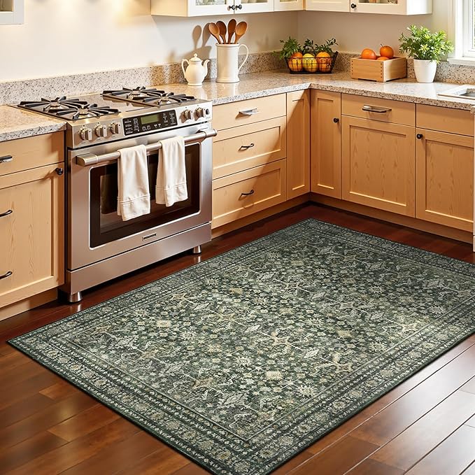 Lofus 2x5 Area Rug for Hallways,Green Washable Runner Rugs with Non Slip Rubber Backing, Low Pile Soft Carpet Runner for Kitchen Bathroom Bedroom Laundry