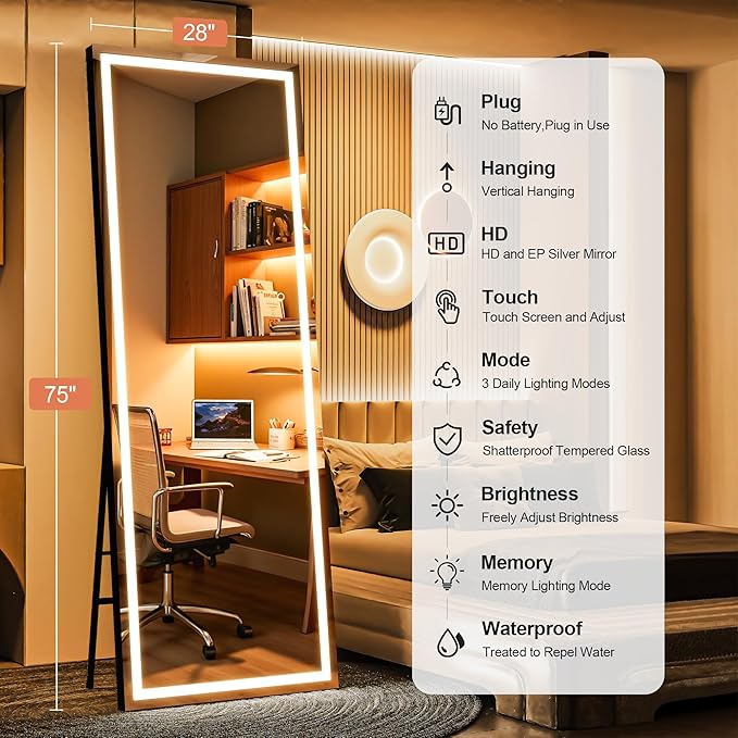 75" x 28" Full Length Mirror with Lights, LED Lighted Floor Standing Body Mirror, Dimmable & 3 Color Lighting for Bedroom, Cloakroom, Dressing Room, Tempered Glass, Black Frame