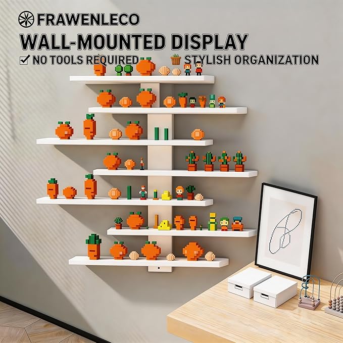 No Drill Floating Shelf for Wall, 7-Tier Wall Mounted Organizer, Damage-Free Display Shelf for Collectibles, Figures, Bathroom Kitchen Storage, White