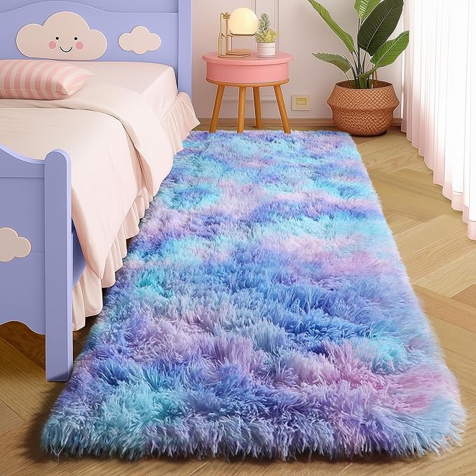 Amdrebio Purple Rainbow 2x6 Runner Area Rugs for Bedroom Girls Room Decor, Colorful Bedside Mermaid Stitch Frozen Kids Rugs for Playroom Nursery Dorm, Fluffy Furry Cute Kawaii Carpet for Baby Toddler