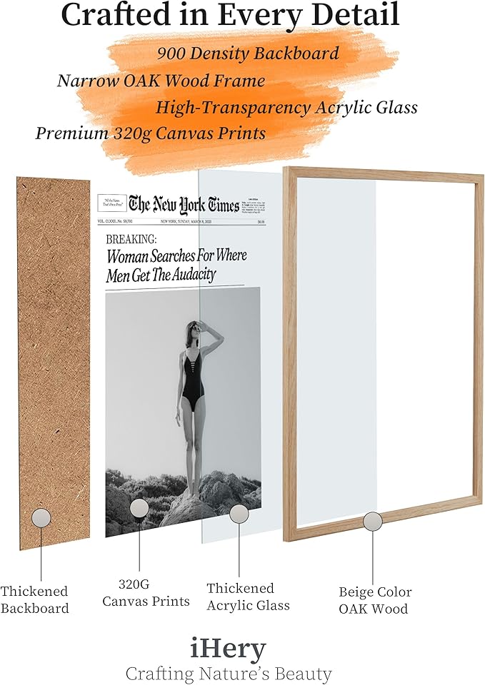 iHery Natural OAK Wood Framed Trendy NewsPaper Wall Art,12x16in Retro Magazine Canvas Wall Art, Funny Bathroom Decor,Woman Searches For Where Men Get The Audacity,Girly Bedroom Dorm Artwork 1Pack