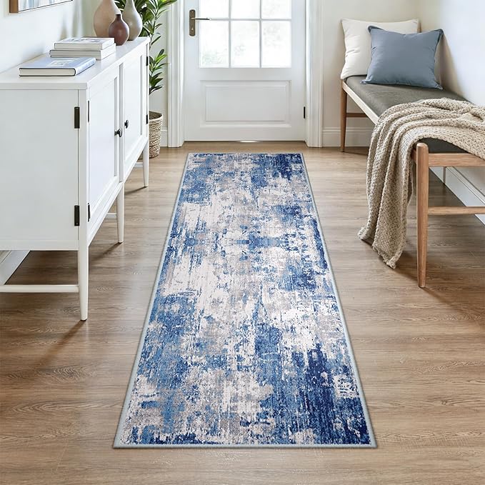 RELEANY Washable Area Rugs 3x7 Non-Slip Modern Abstract Soft for Living Room Entryway Bedroom Nursery, Print Pattern, Blue Grey Navy Gray