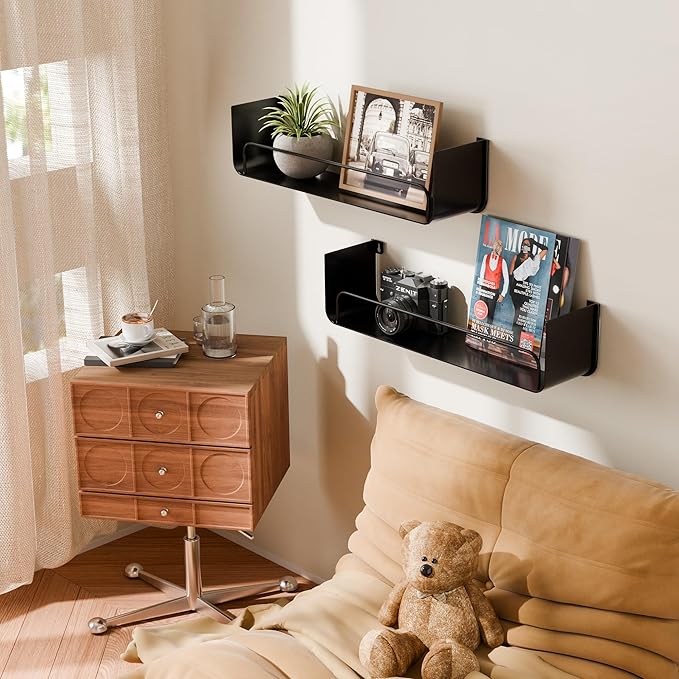16 Inch Black Floating Shelves Set of 2, Narrow Iron Bathroom Shelves with Guardrail, U-Shaped Wall Mounted Shelf for Home Decor&Organizer, Display Shelf for Bathroom,Kitchen,Bedroom&Any Room