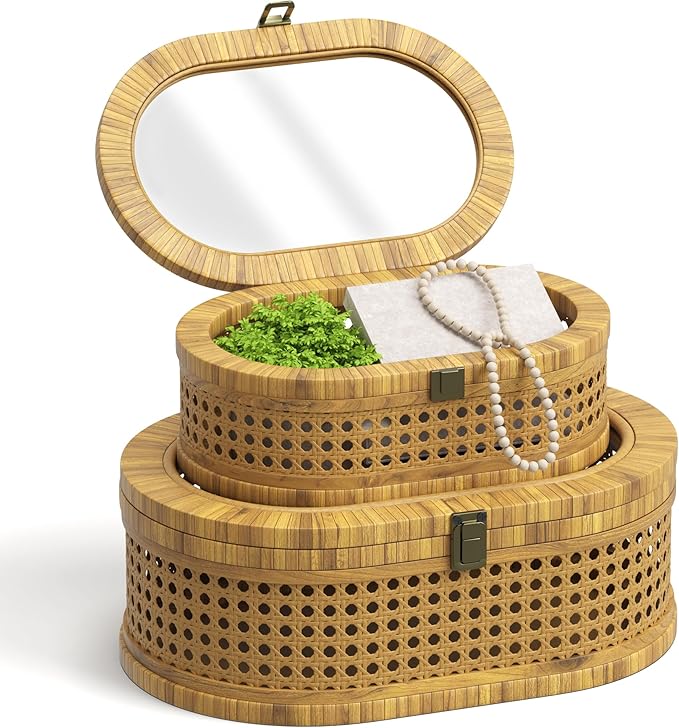 Rattan Display Box,Boho Oval Decorative Storage Boxes with Clear Lid,Set of 2 Woven Wicker Natural Finish Keepsake Boxes for Rustic Farmhouse for Home Decor