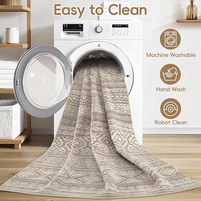 cotiled 8x10 Area Rug Living Room: Washable Boho Rugs with Non Slip Backing Large Soft Indoor Stain Resistant Carpet for Bedroom Farmhouse Dining Room Lightweight Home Decor Coffee Brown