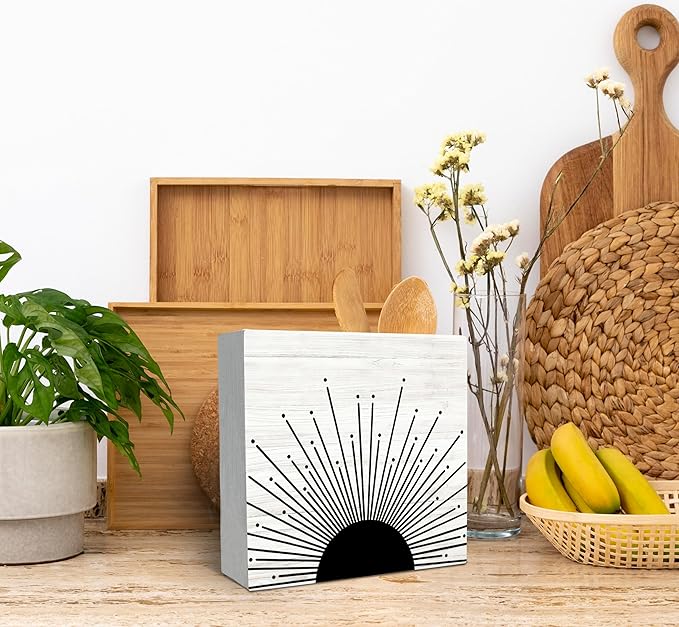 SRADMO Abstract Boho Black Sun Sunrise Sunset Sunshine Sunray Rustic Wood Box Sign Desk Decor Boho Mid Century Modern Art Wooden Block Box Sign Decoration For Home Wall Shelf Table Office Decor