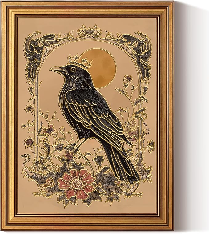 InSimSea Gold Framed Canvas Prints Wall Art, 3D Embossed Vintage Decor, King Raven Folk Art Mystical Moon Flowery Aesthetic Paintings, Farmhouse Wall Decor for Bedroom Living Room Shelf, 12x16inch
