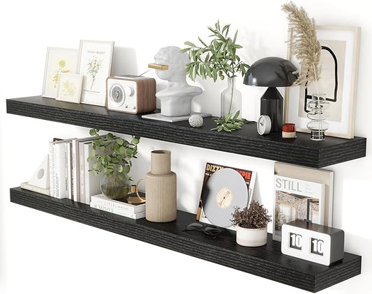 Heimlove 55 Inch Floating Shelves for Wall 8 Inch Deep Black Shelves Set of 2,Wall Mounted Rustic Wood Long Floating Shelf，Large Extra Display & Storage Shelf with Invisible Brackets