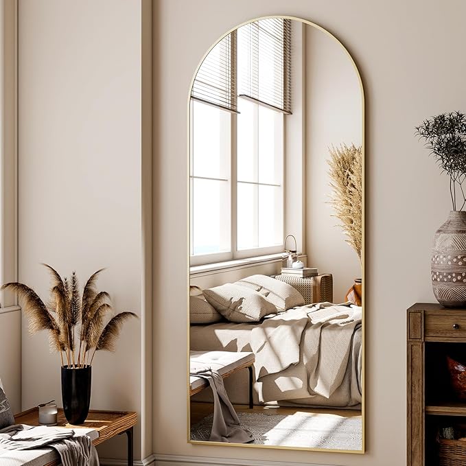 XRAMFY 24x68 Arched Full Length Mirror Floor Mirrors with Aluminum Alloy Frame Free-Standing Wall Mounted Floor Mirrors or Large Dressing Mirror, Gold Mirror Full Length