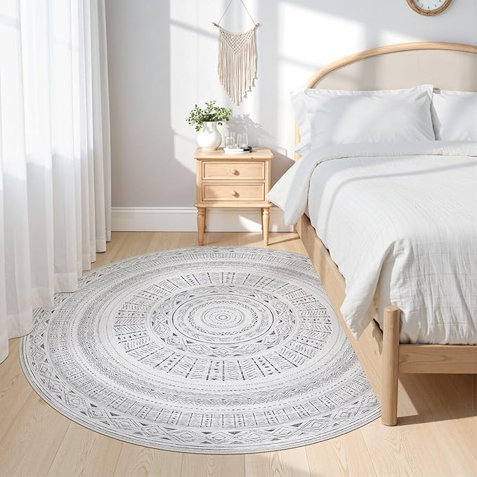 cotiled 6x6 Round Area Rug Living Room: Washable Boho Rugs with Non Slip Backing Large Soft Indoor Stain Resistant Carpet for Bedroom Farmhouse Dining Room Lightweight Home Decor Dark Grey