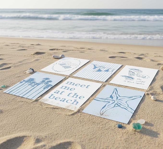 6Pcs Blue Coastal Granddaughter Canvas Wall Art Beach Shell Bikini Plant Starfish Painting Picture Wall Decor Poster Print Artwork for Teen Girl Room Dorm Apartment Unframed