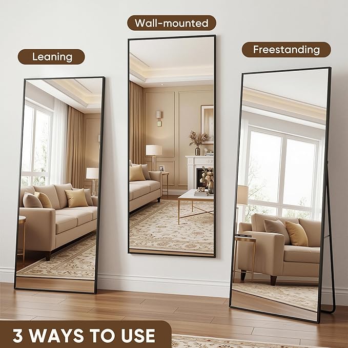 Antok Full Length Mirror, 58"x19" Floor Mirror with Stand, Hanging Mounted Mirrors for Bedroom, Living Room, Cloakroom, Dining Room, Black, Rect