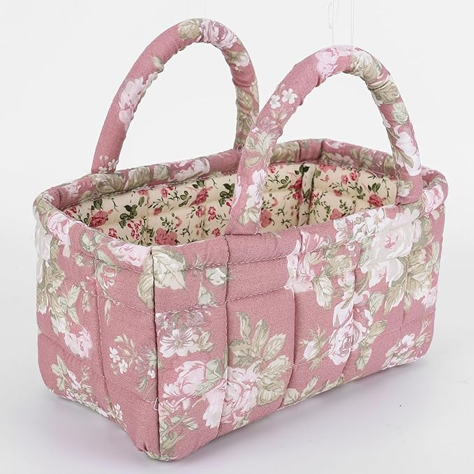 Small Storage Basket Organizer, Mini Quilted Fabric Basket with Handle, Collapsible Storage Bin for Socks, Keys, Diapers