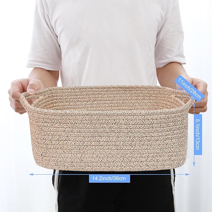 ABenkle Small Storage Basket with Handles, Cotton Rope Woven Dog Cat Toy Bin, Decorative Shelves Closet Organizing for Nursery Laundry Bedroom Bathroom, 14.2''x 11''x 5.1''