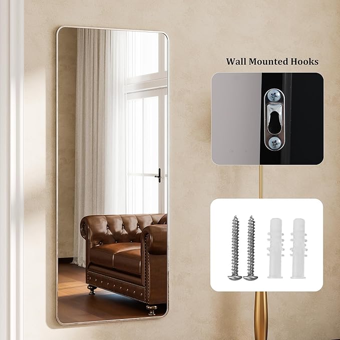 Silver Full Length Mirror 21 x 56 Inch Nano Floor Mirrors with Stand Rounded Corner Full Body Mirrors with Aluminum Alloy Frame for Bedroom Living Room Checkroom